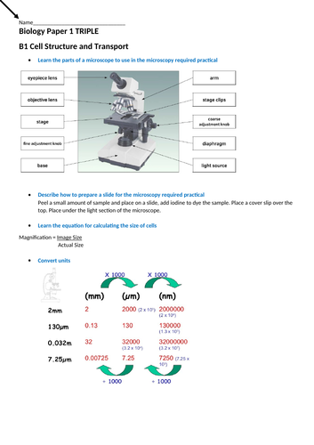 Biology (Separate Science) Summary content/Revision Guide Paper One
