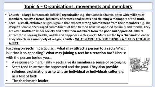 AQA A Level - Sociology - Types of Religious Organisation