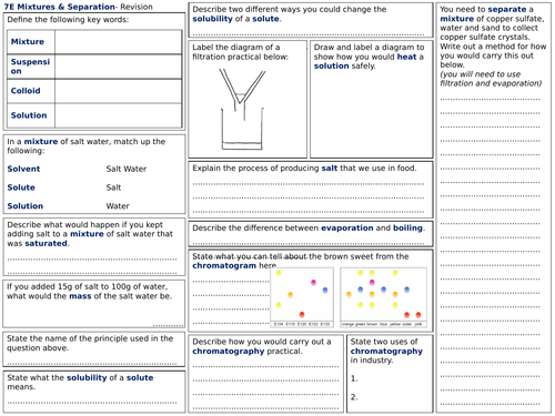 exploring science 7e revision worksheet mixtures and separation teaching resources
