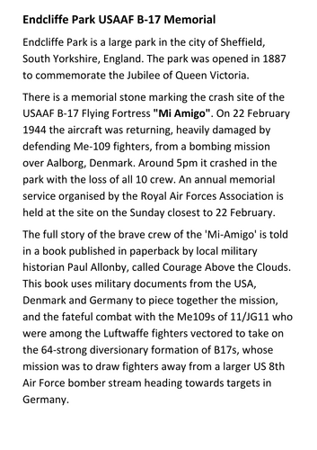 The Endcliffe Park Mi Amigo USAAF B-17 Memorial Handout