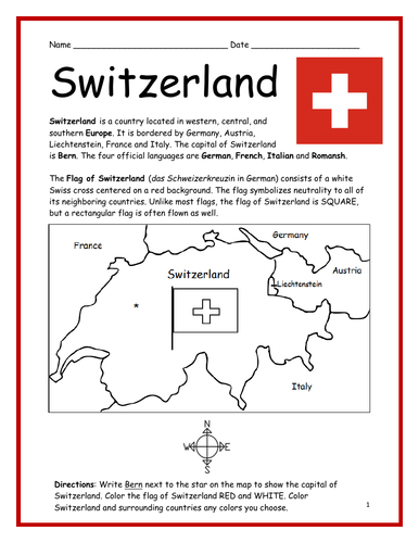 SWITZERLAND - Introductory Geography Worksheet