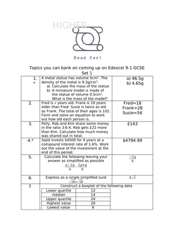 Edexcel Higher 9-1 Dead Certs Pack