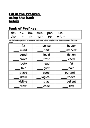 Prefix Worksheets
