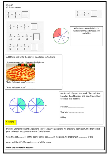 Year 3 Adding Fractions Worksheet