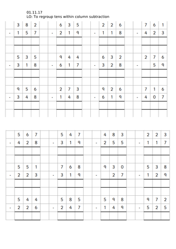 Year 3 Column Subtraction of 3 digit numbers (Regrouping)