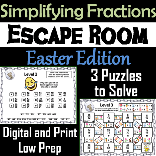 Easter Escape Room Math: Simplifying Fractions Game; 4th 5th 6th 7th Grade