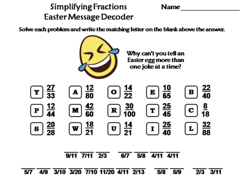 Simplifying Fractions Easter Math Activity: Message Decoder