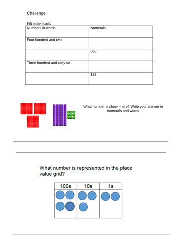 Year 3 Place Value Numbers to 1000 Worksheet | Teaching Resources