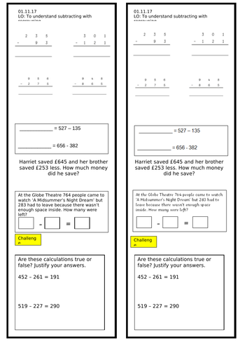 Year 3 Subtracting with Regrouping Worksheet - 3 digit numbers