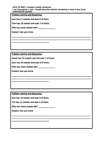 Year 1 Compare number sentences