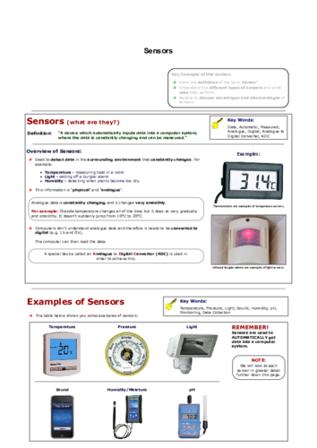 IGCSE Computer Science Chapter-6 Sensors complete  study materials and worksheet