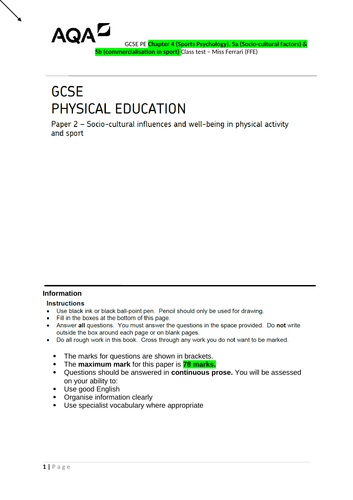 AQA GCSE PE - Paper 2 Chapter 4 - , Chapter 5a and 5b paper and mark scheme