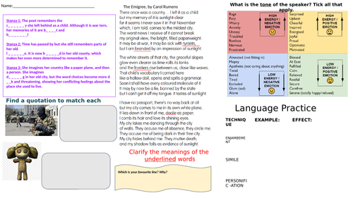 20 minute Poetry Revision Activity Sheet - The Emigree