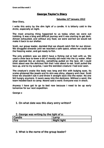 Arctic Diary Comprehension Key Stage 1 Year 2
