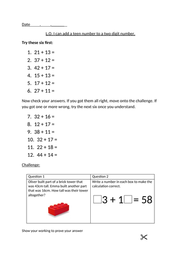 KS2 maths - addition - add a teen number to a two digit number without crossing the tens boundary