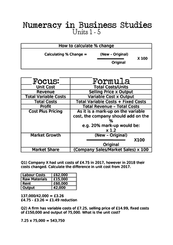 AQA GCSE Business Studies Calculations