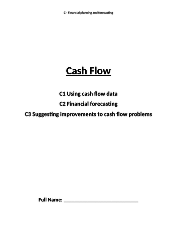 BTEC Tech Award Enterprise (Business) Component 3 Exam - Cash Flow (C1, C2, C3) worksheet