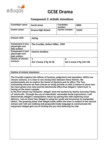 EDUQAS Comp 2: Artistic intentions form