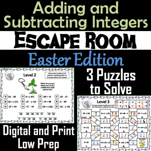 Adding and Subtracting Integers Game: Escape Room Easter Math Activity
