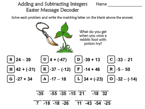 Adding and Subtracting Integers Easter Math Activity: Message Decoder