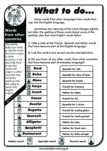 Words from other countries - English Homework - UKS2