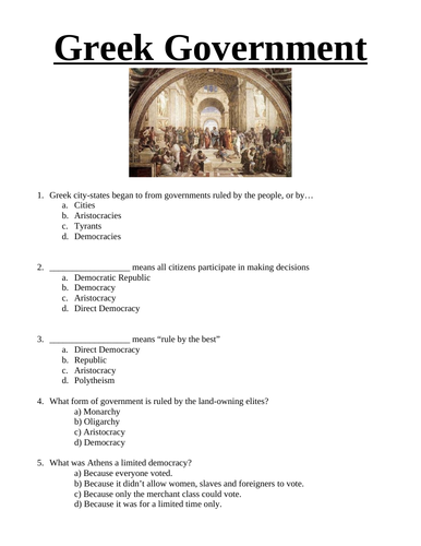 Ancient Greece Greek Government 12 Multiple Choice Questions Teaching Resources