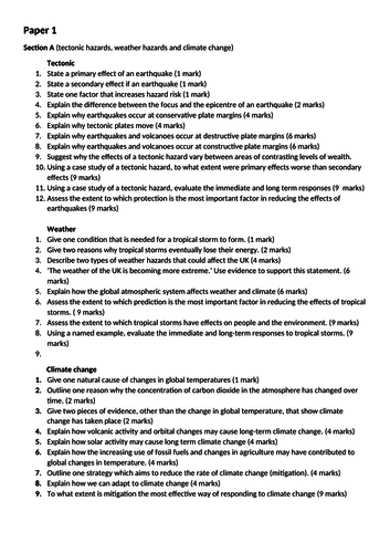 Complete set of AQA new GCSE geography specification exam questions