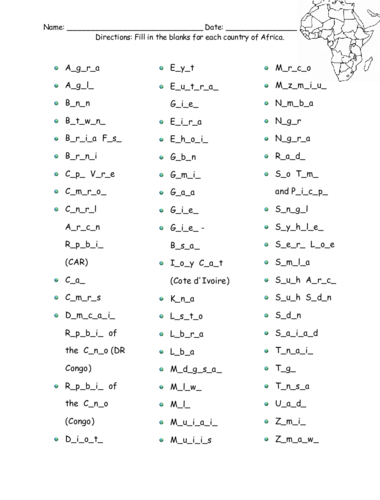 Countries of Africa Printable Activity Fill in the Blanks