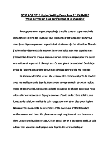 Gcse Aqa 18 Higher Writing Task 2 1 Example Vous Ecrivez Un Blog Sur L Argent Et Le Shopping Teaching Resources