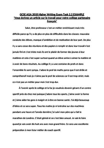 GCSE AQA 2018 Higher Writing Task 2.2 EXAMPLE 'un article sur le travail pour votre college...'