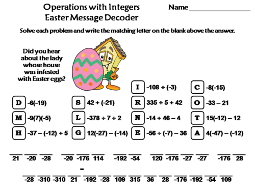 Operations with Integers Easter Math Activity: Message Decoder
