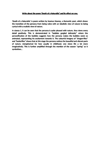 'Death of a Naturalist'  Grade 9 exemplar essay.