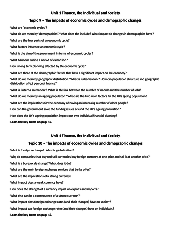 LIBF CEFE Unit 1 FIS - Revision Questions for Topics 9 and 10