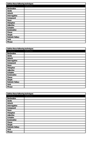 Literary techniques- Quiz Sheets