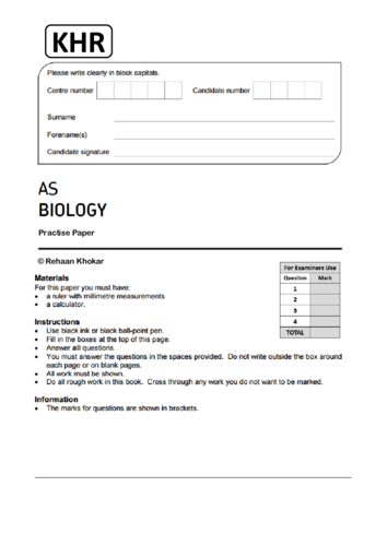 AQA AS/A LEVEL BIOLOGY 7410 PRACTICE PAPER - MINI MOCK