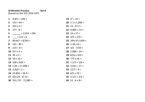 KS2 SAT Arithmetic paper - random generator (based on 2016 paper)