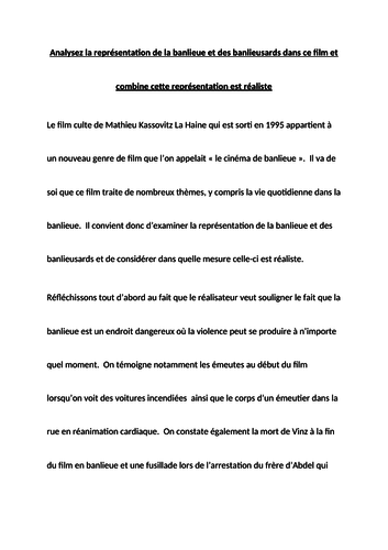 A-LEVEL FRENCH La Haine Paper 2 2018 Model Essay Représentation de la banlieue et des banlieusards