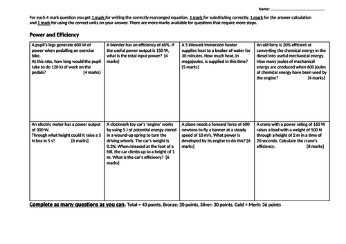 Work Done Power And Efficiency Calculations Teaching Resources