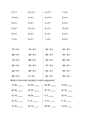 Multiplying by 8 fluency to mastery