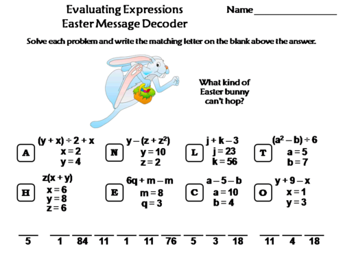 Evaluating Algebraic Expressions Easter Math Activity: Message Decoder