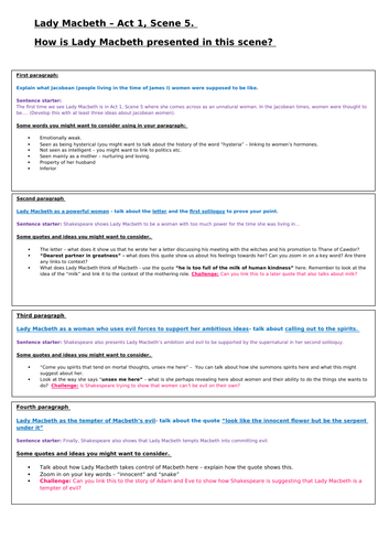 Low ability year 9 Lady Macbeth Act 1, Scene 5 assessment prep sheet 9-1 AQA