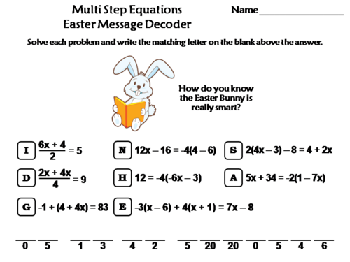 Solving Multi Step Equations Easter Math Activity: Message Decoder