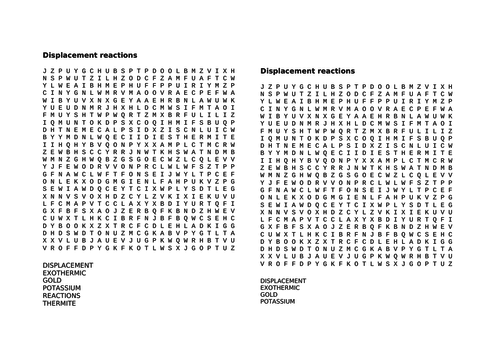 KS3  displacement reaction wordsearch