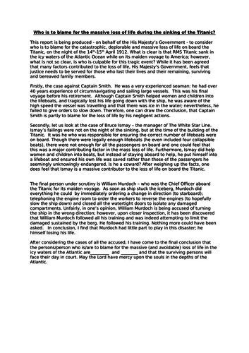 Who was to blame for the sinking of the Titanic? Model text - balanced argument