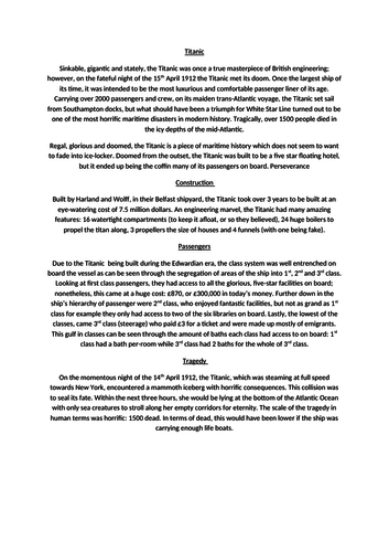 Non-chron model text about the Titanic