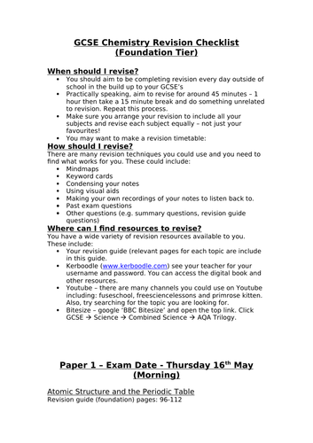 Revision Checklist for GCSE Science - Chemistry (AQA Trilogy, Foundation Tier)