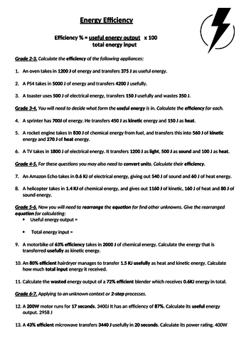 Calculating Efficiency - Worksheet with Differentiated Graded Questions