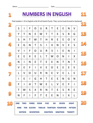 NUMBERS IN ENGLISH - WORD SEARCH PUZZLE