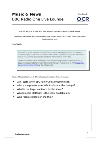 OCR J200/02 Media Studies - Radio 1 Live Lounge Work Booklet & Presentation