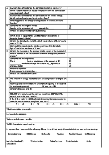 Particle Model of Matter Mid Term Retrieval Quiz to aid metacognition